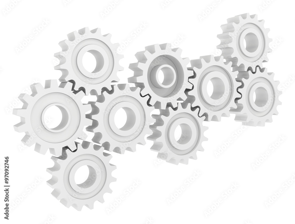 Cog wheel gear mechanism close-up. White background Cog wheel gear mechanism close-up. White background