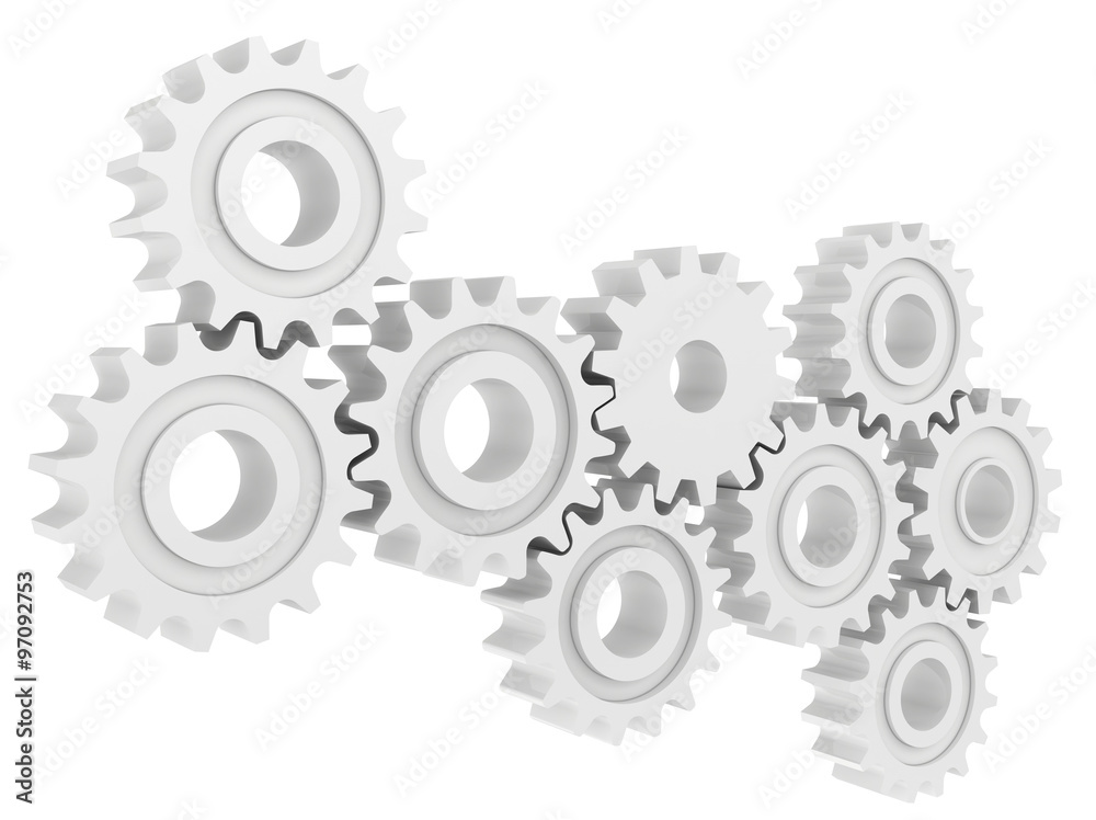 Cog wheel gear mechanism close-up. White background Cog wheel gear mechanism close-up. White background
