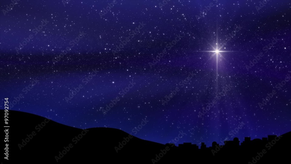 A large Christmas Nativity Star shines down on Bethlehem silhouetted by a midnight blue cloudy motion background sky. Loop is perfectly seamless (no fade).