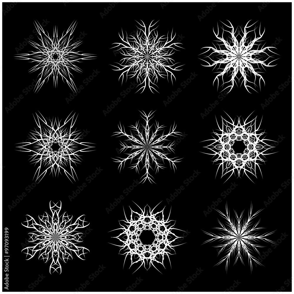 Christmas snowflake, frozen flake silhouette icon, symbol, design. Winter, crystal vector illustration isolated on the black background. Christmas snowflake, frozen flake silhouette icon, symbol, design. Winter, crystal vector illustration isolated on the black background.