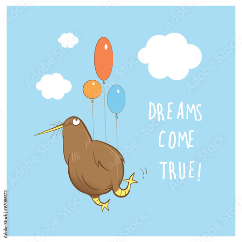 Children's vector card with cute cartoon kiwi bird flying in the sky by balloons.