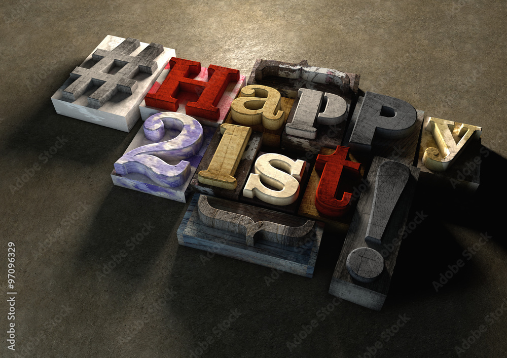 Ink splattered printing wood blocks with Happy 21st birthday typography