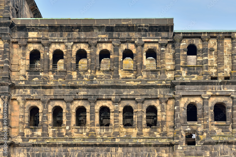 Details of ancient roman fortress Porta Nigra in historical center of Trier, Germany