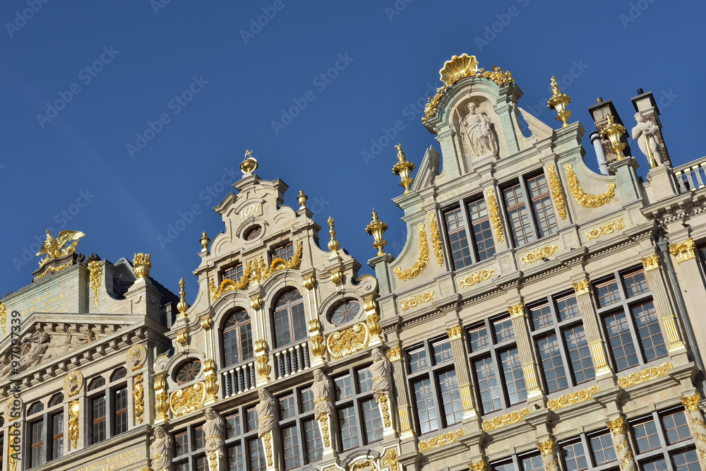 Restored buildings of guild houses on Grand Place in Brussels, Belgium