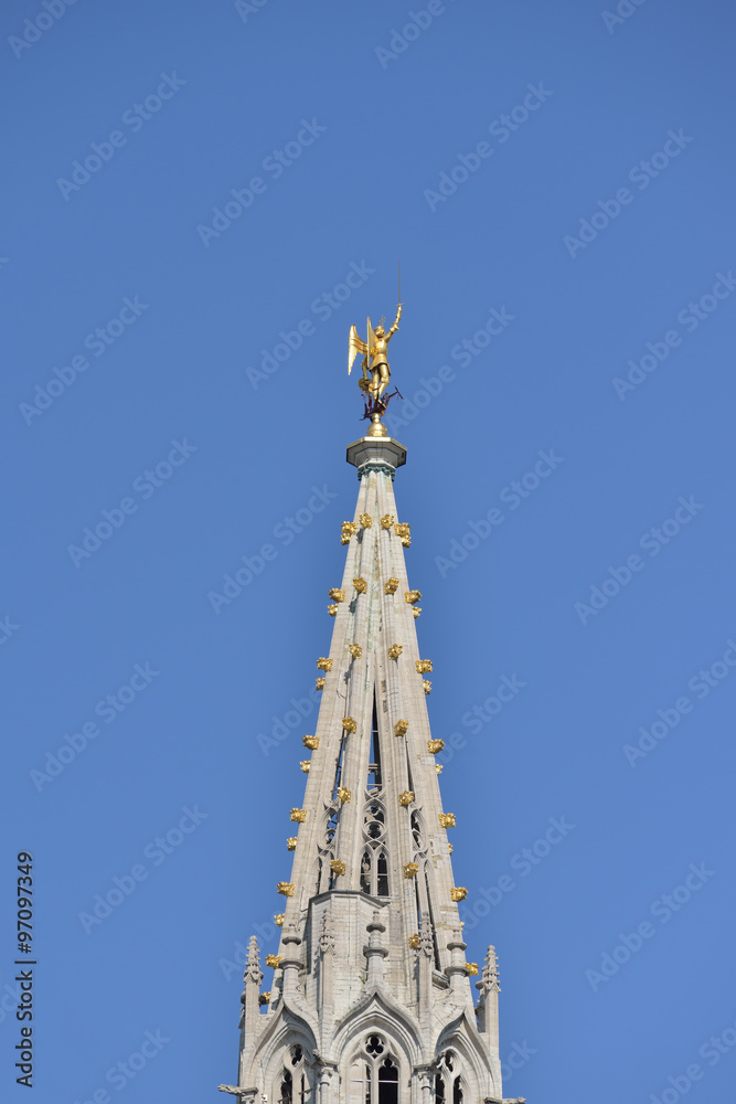 Top of tower of medieval building of city hall in Brussels, Belgium Top of tower of medieval building of city hall in Brussels, Belgium
