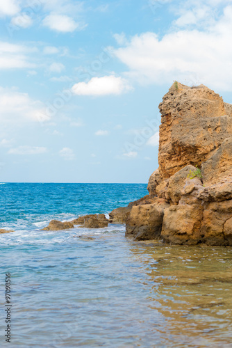 Mediterranean Sea and dangerous rocky beach.