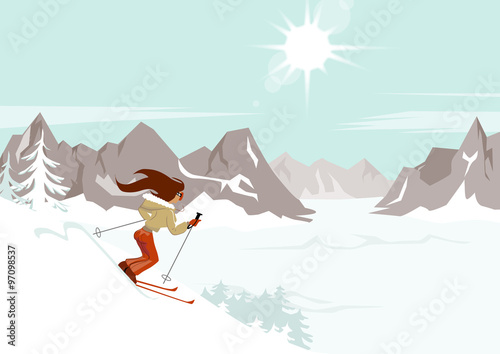 woman skiing down- snowy slope