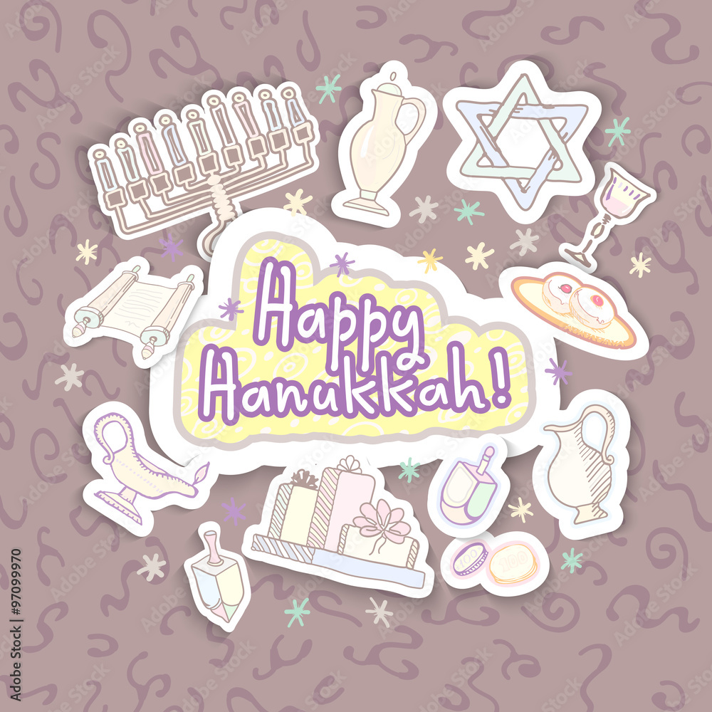 Happy Hanukkah Chanukah traditional Jewish holiday doodle symbols sticker set ink draw vector illustration. Shine blue Greeting card with Sticky label style stickers. DIY elements
