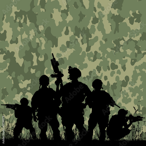 Silhouette of soldiers with rifle against a camouflage pattern background