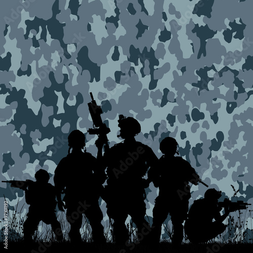 Silhouette of soldiers with rifle against a camouflage pattern background