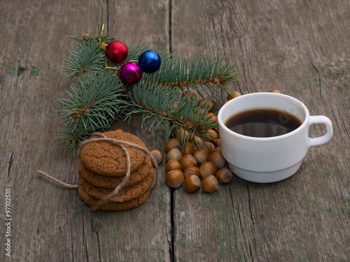 coffee  fir-tree branch  linking of oatmeal cookies and forest n