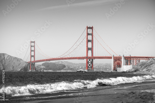 Red Golden Gate Bridge in San Francisco, black and white filter