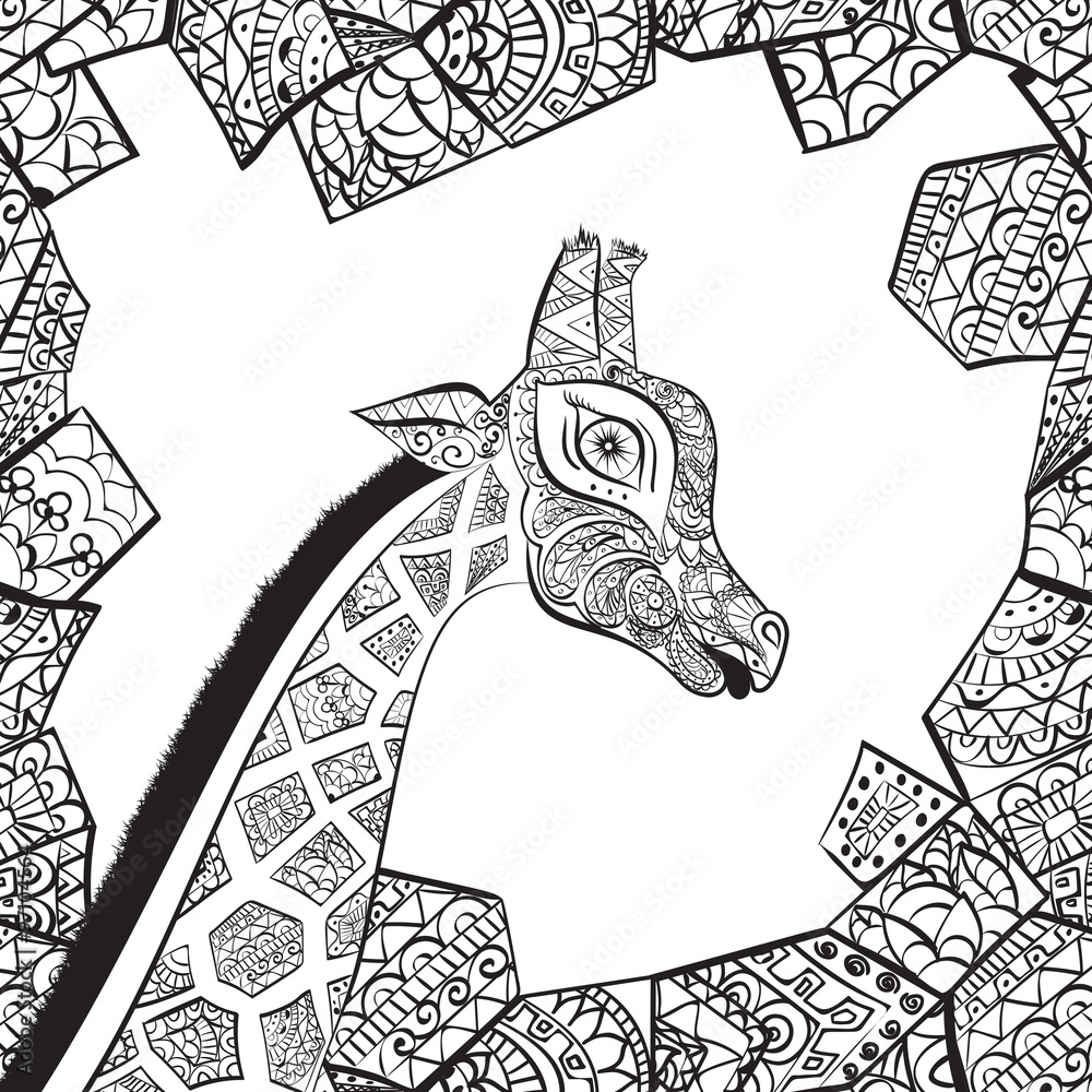Fototapeta premium Beautiful adult Giraffe. Hand drawn Illustration of ornamental giraffe. isolated giraffe on white background. The head of an ornamental giraffe