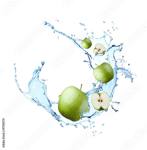 Fresh fruits, apple falling in water splash, isolated on white background