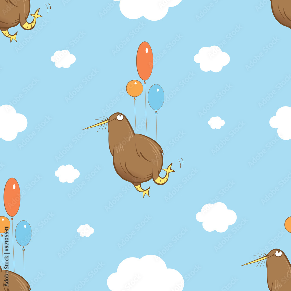 Vector seamless pattern with cartoon kiwi bird flying in the sky by balloons.