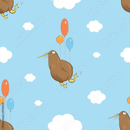 Vector seamless pattern with cartoon kiwi bird flying in the sky by balloons.