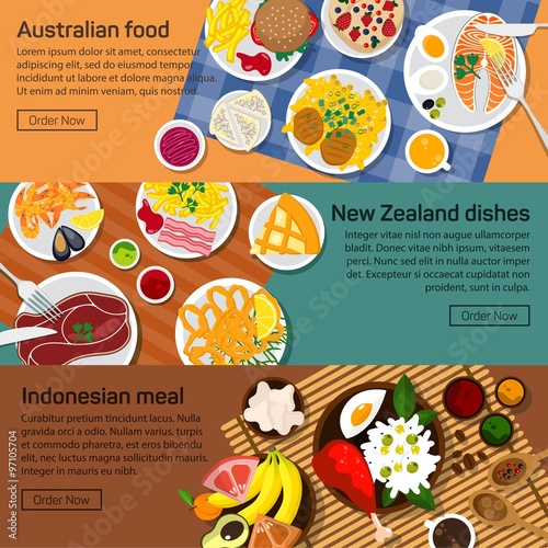 Vector flat illustration of Australia, New Zealand, Indonesia national dishes.