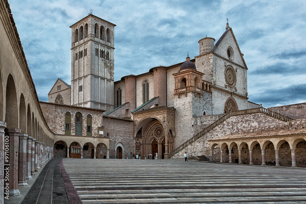 Basilica of St. Francis of Assisi (Basilica Papale di San Francesco) with Lower Plazain . Assisi, Umbria, Italy