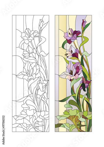 Fototapeta Naklejka Na Ścianę i Meble -  Stained glass pattern with gladioli