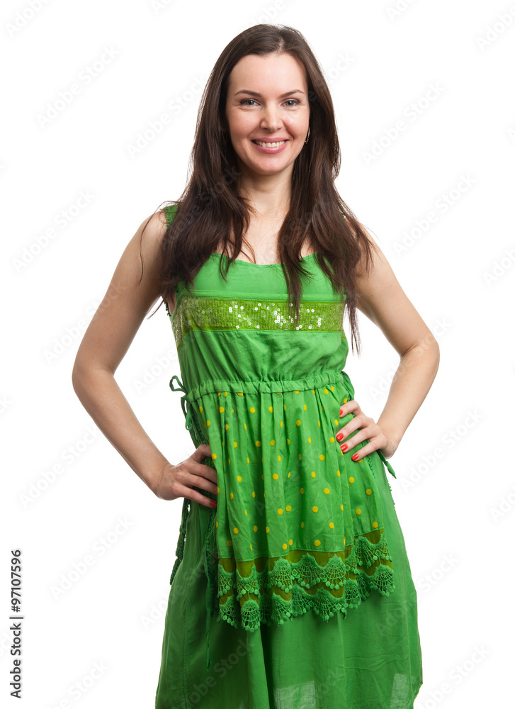 young beautiful woman in green dress smiling