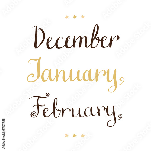 Handwritten winter months - December January February Vector lettering