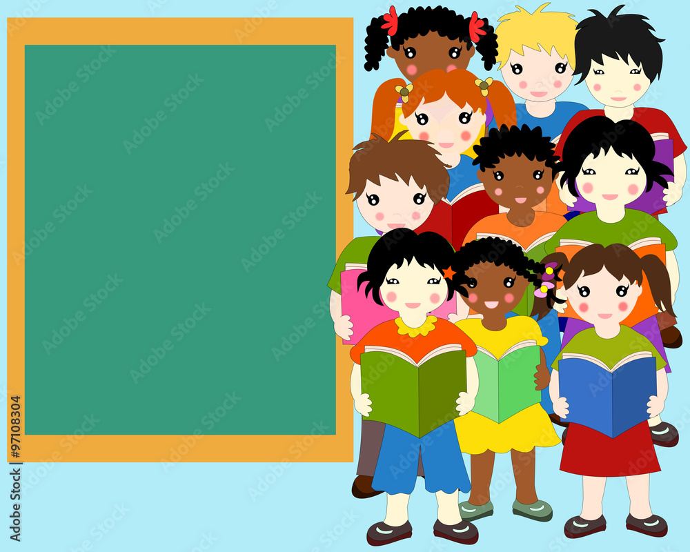 Children of different races with books in hands near a school bo Children of different races with books in hands near a school bo
