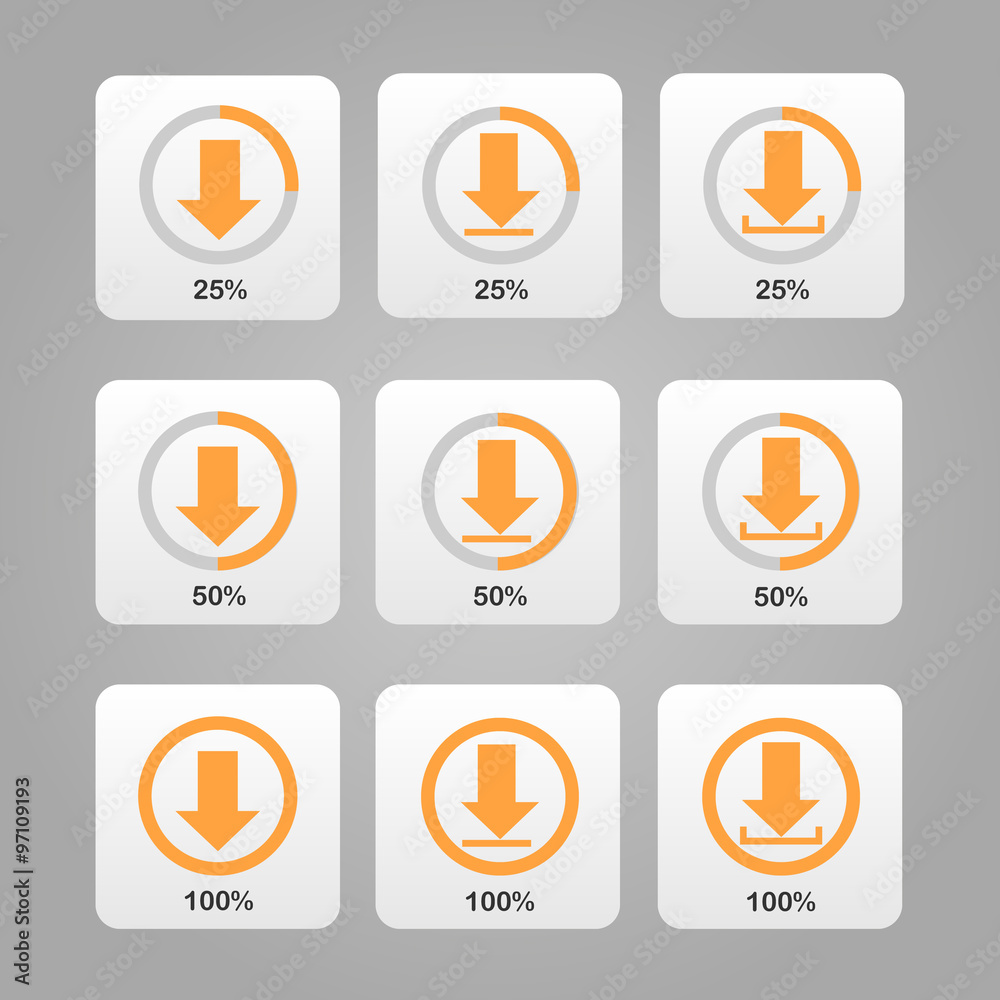 Set of Orange Download Icons with Process Bar Set of Orange Download Icons with Process Bar