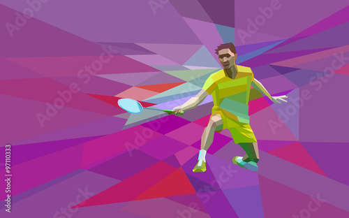 Polygonal badminton player on colorful low poly background
