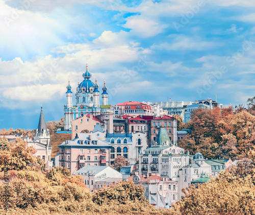 The capital of Ukraine, Kiev. Andrew's Church. Kyiv. The colors of the flag of Ukraine .