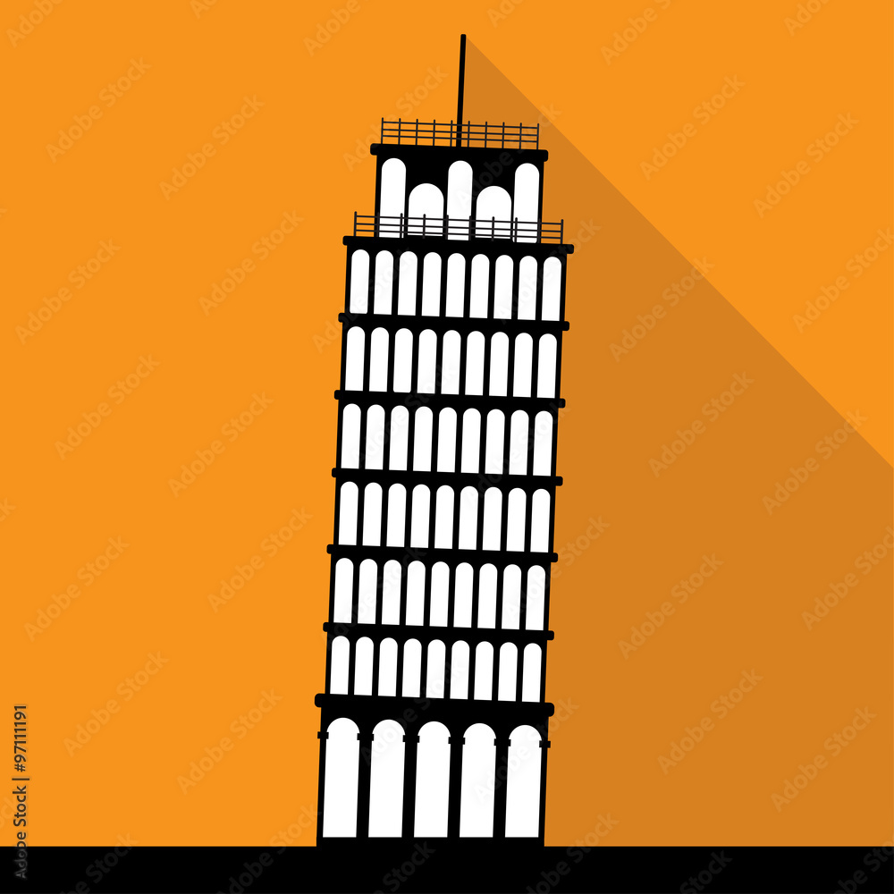 Leaning Tower of Pisa image in black and white colors on an orange background. from the tower falls the shadow. flat design