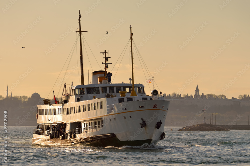 Fototapeta premium A ferry sails into the Bosphorus Sea, Istanbul, Turkey