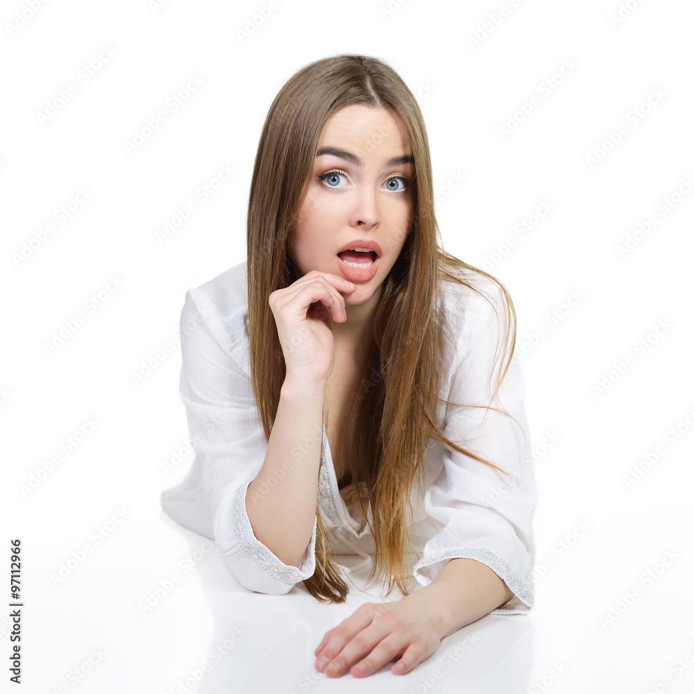 Young beautiful caucasian woman posing against white background. Young beautiful caucasian woman posing against white background.