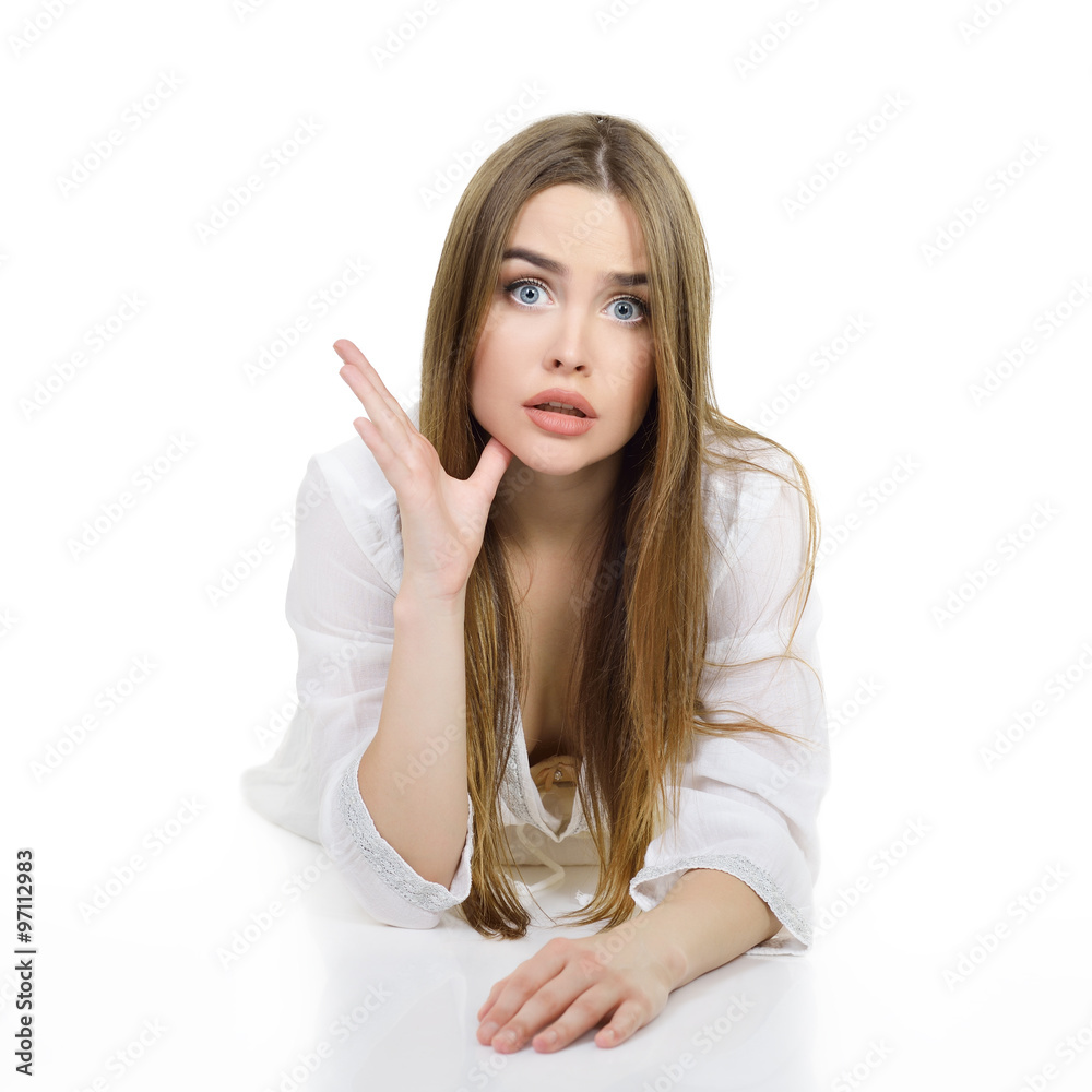 Portrait of surprised girl with open mouth, over white backgroun Portrait of surprised girl with open mouth, over white backgroun