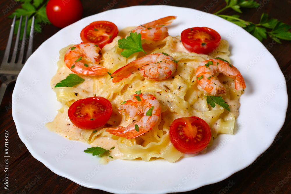 pasta with shrimp, tomatoes, herbs and cream sauce pasta with shrimp, tomatoes, herbs and cream sauce