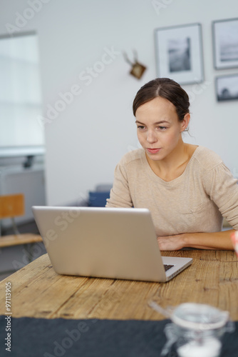 junge frau arbeitet zuhause am laptop
