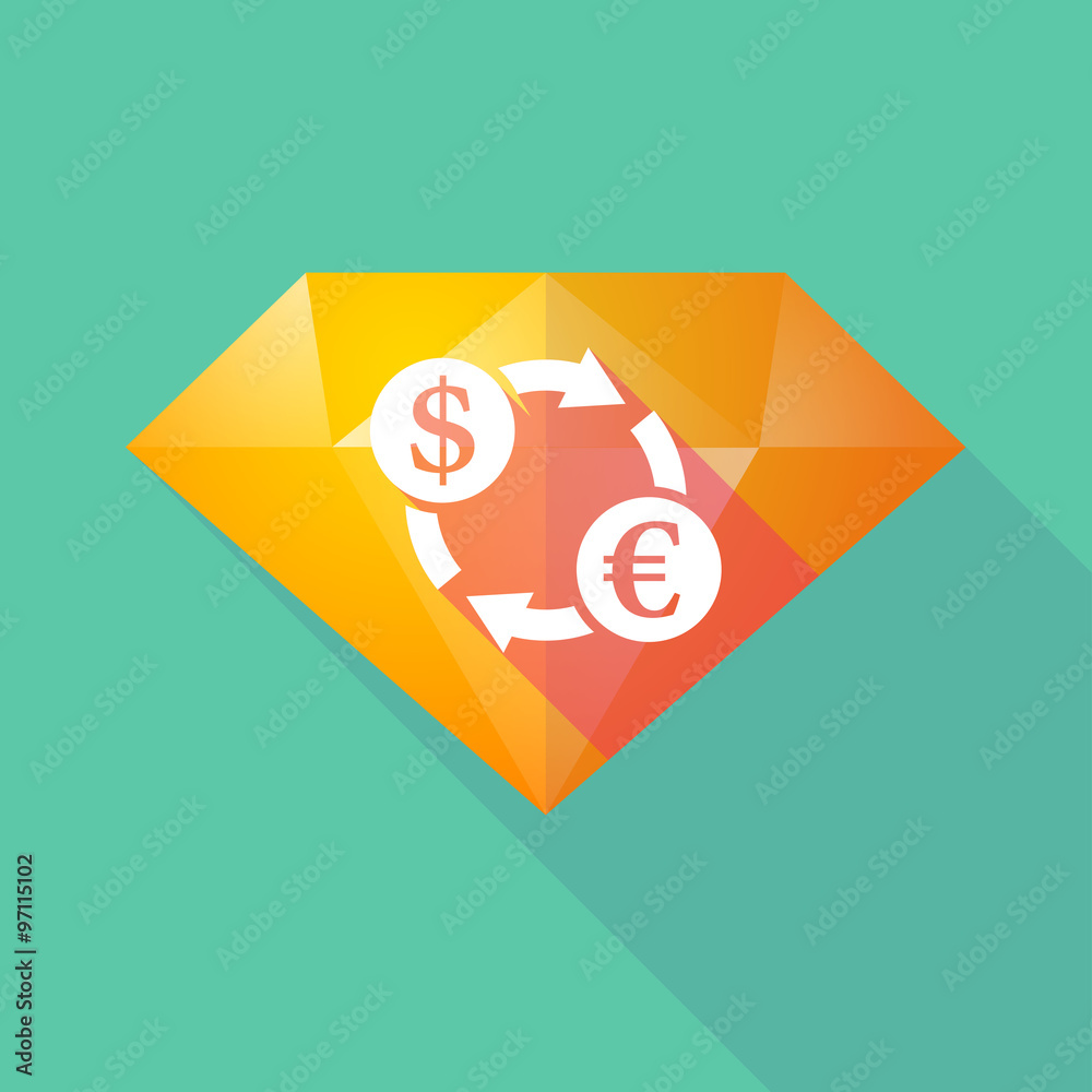 Long shadow diamond icon with a dollar euro exchange sign Long shadow diamond icon with a dollar euro exchange sign