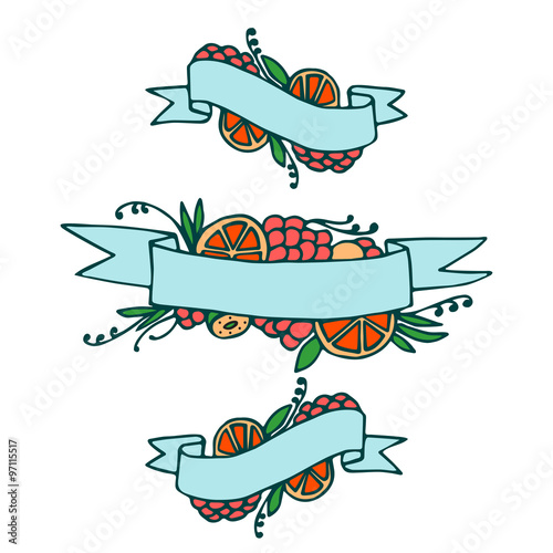 Set of doodle ornate fruit ribbons