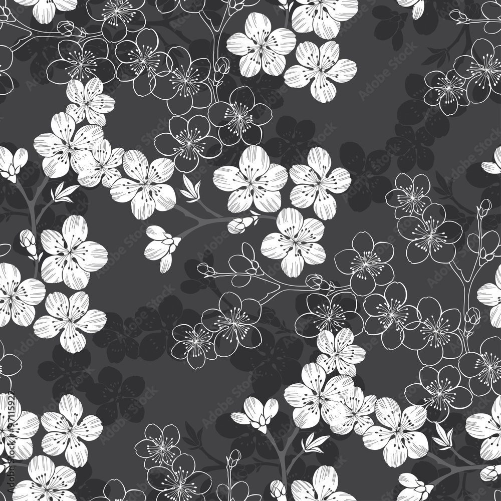 Fototapeta premium Monochrome seamless pattern with blooming cherry branches.