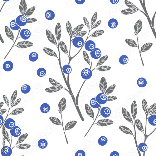 Seamless  pattern with twigs of blueberry. Hand-drawn vector illustration.