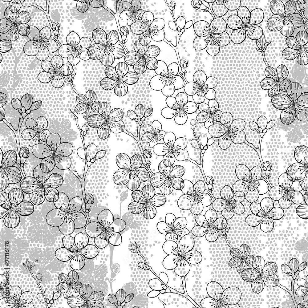 Monochrome seamless pattern with blooming cherry branches. Abstract floral background