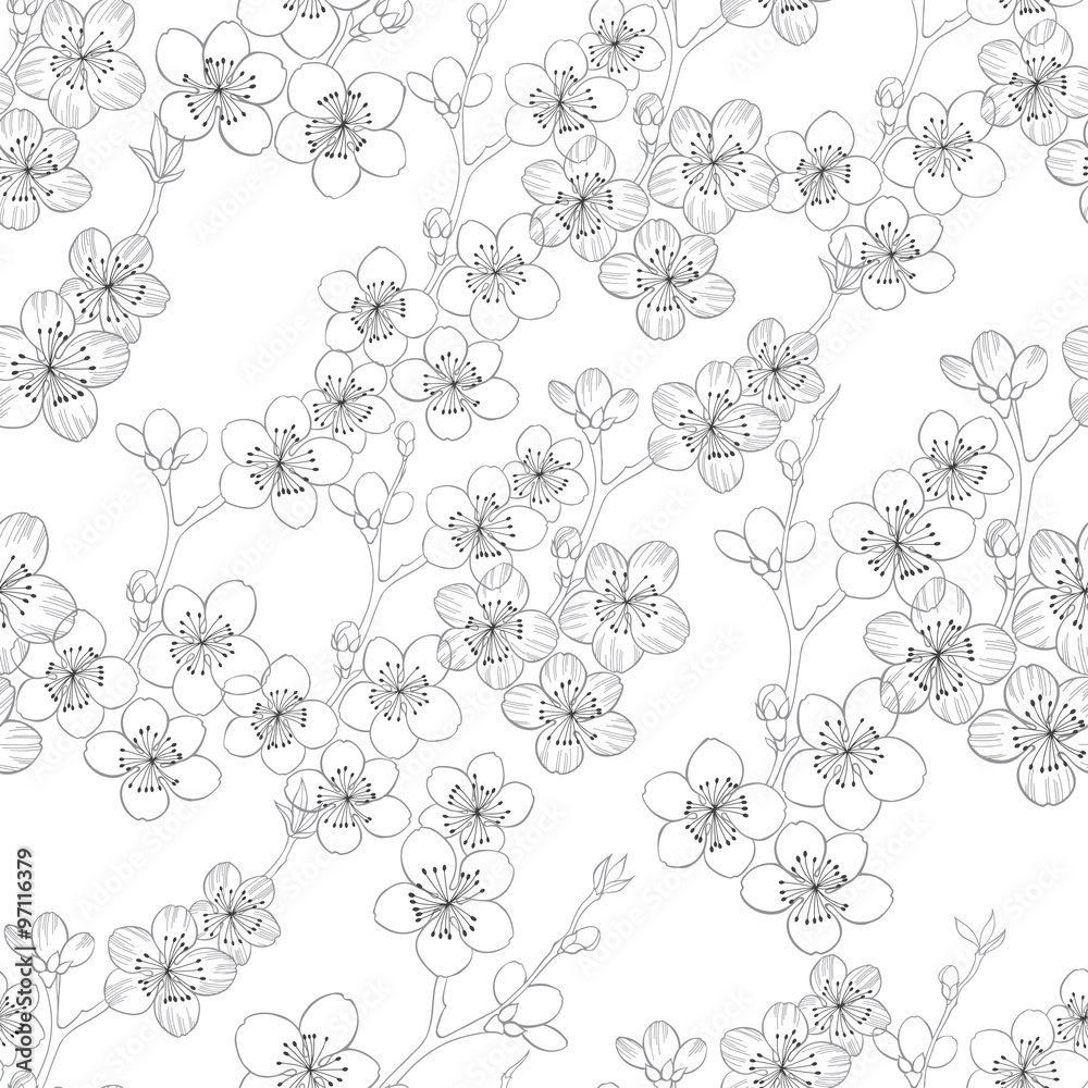 Monochrome seamless pattern with blooming cherry branches.