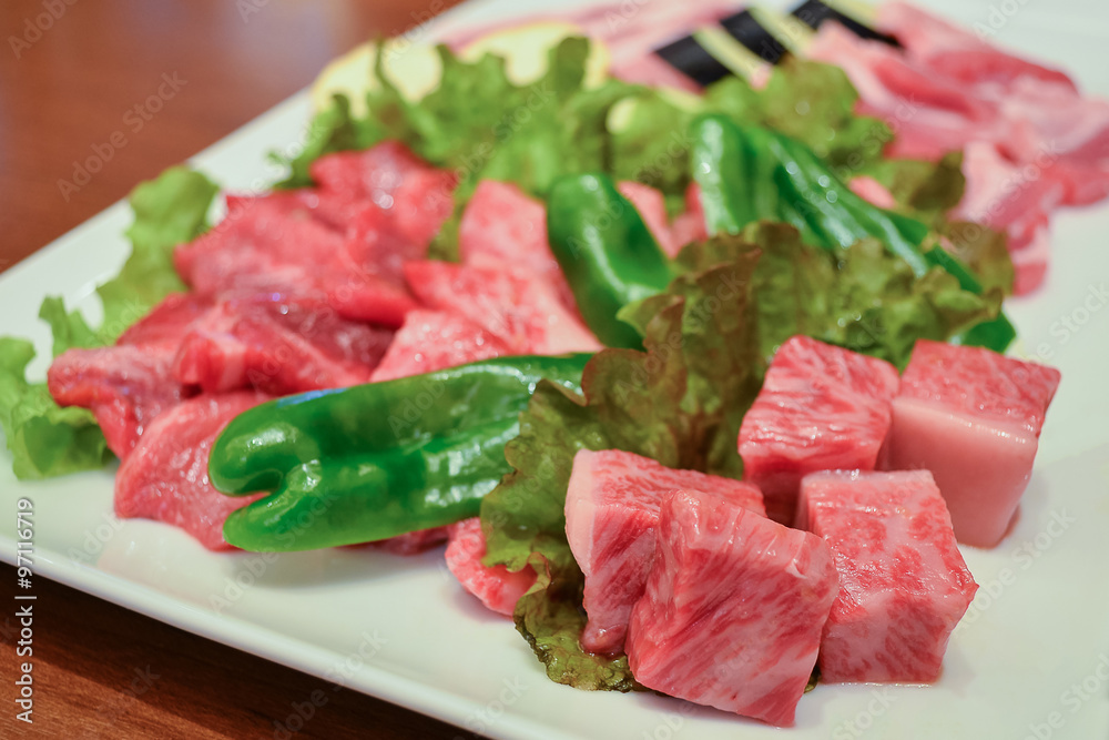 Wagyu premium japanese beef ready for grill, yakiniku japanese f Wagyu premium japanese beef ready for grill, yakiniku japanese f