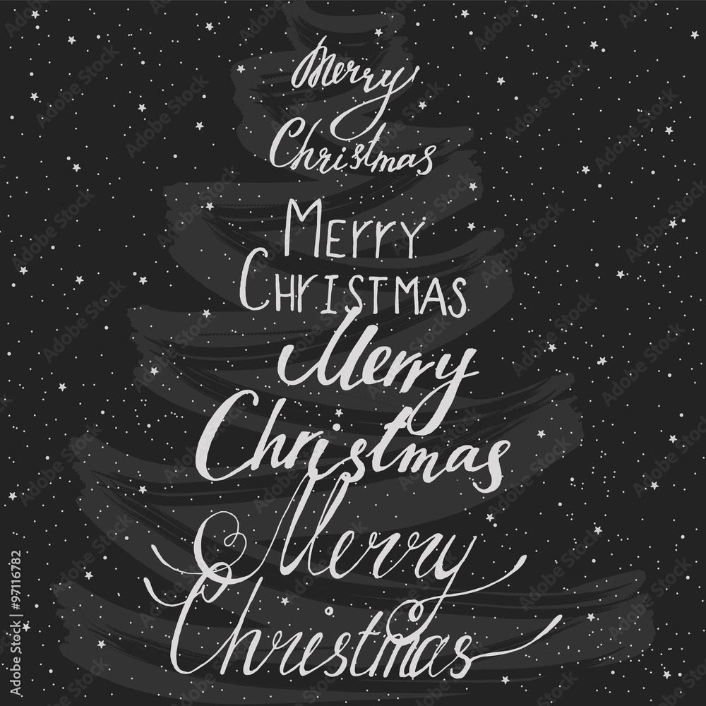 Obraz premium Merry Christmas Calligraphic card And Typographical Background On Blackboard With Chalk Word Art. Christmas eve card.