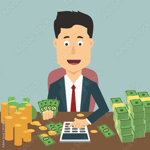 Vector flat illustration of businessman with pile a money