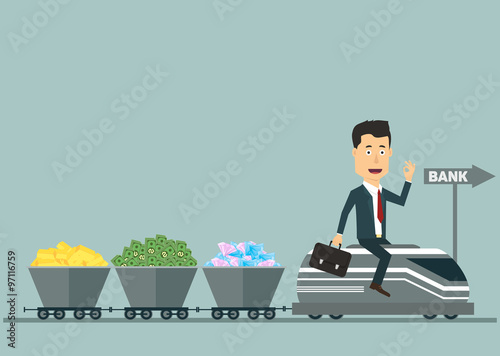 Vector flat businessman on the train with wagons full money