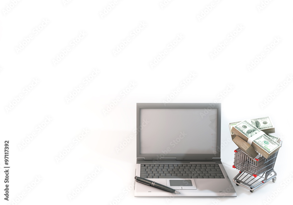 3D Graphic computer and 100 dollar bills heap into shopping cart near. Rendered at high resolution on a white background. 3D Graphic computer and 100 dollar bills heap into shopping cart near. Rendered at high resolution on a white background.