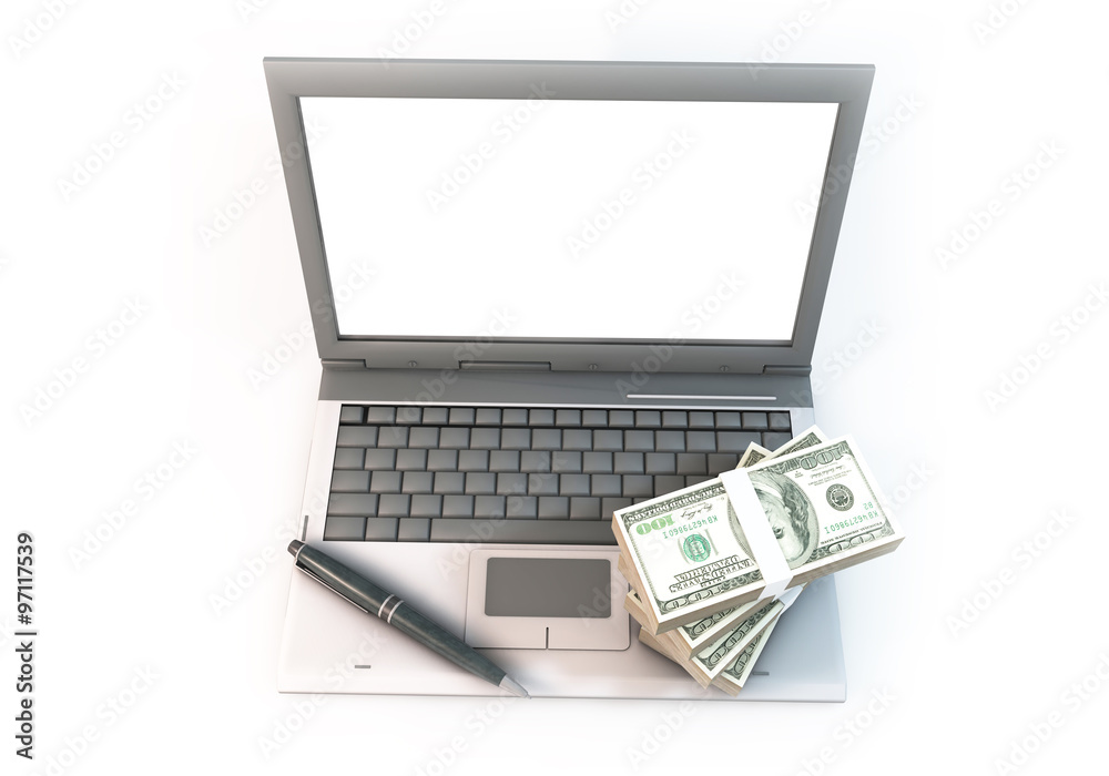 3D Graphic design concept about computer and 100 dollar bills heap near. Rendered at high resolution on a white background. 3D Graphic design concept about computer and 100 dollar bills heap near. Rendered at high resolution on a white background.