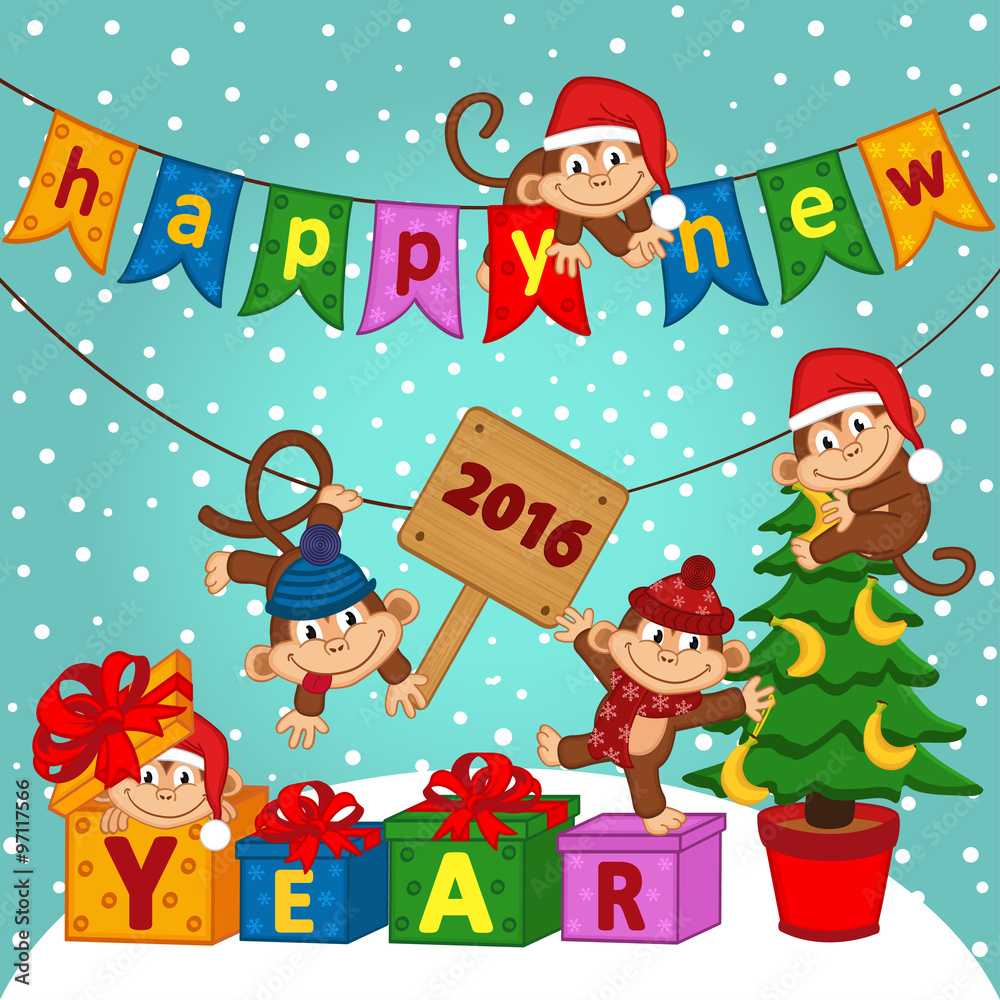 Obraz premium new year 2016 with monkeys - vector illustration, eps