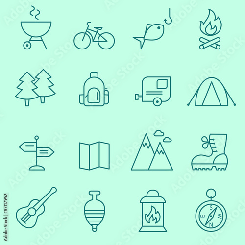 Camping icons, thin line design