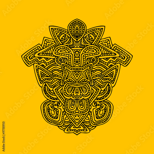 aztec mask monochrome hand drawn illustration.